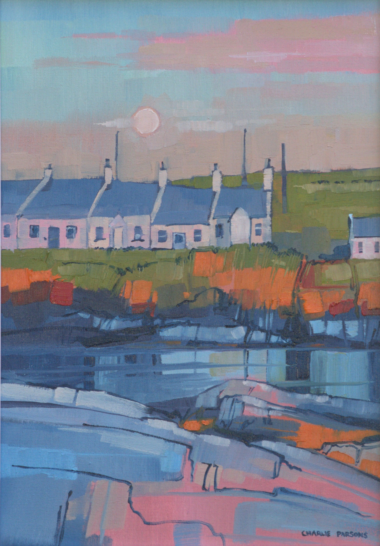 painting of a coastal scene with houses and a sunset.