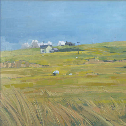 Painting of a rural landscape with green fields and houses under a blue sky.