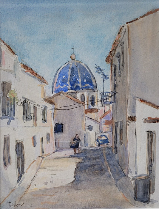 Watercolor painting of a narrow street with a blue-domed building in the background
