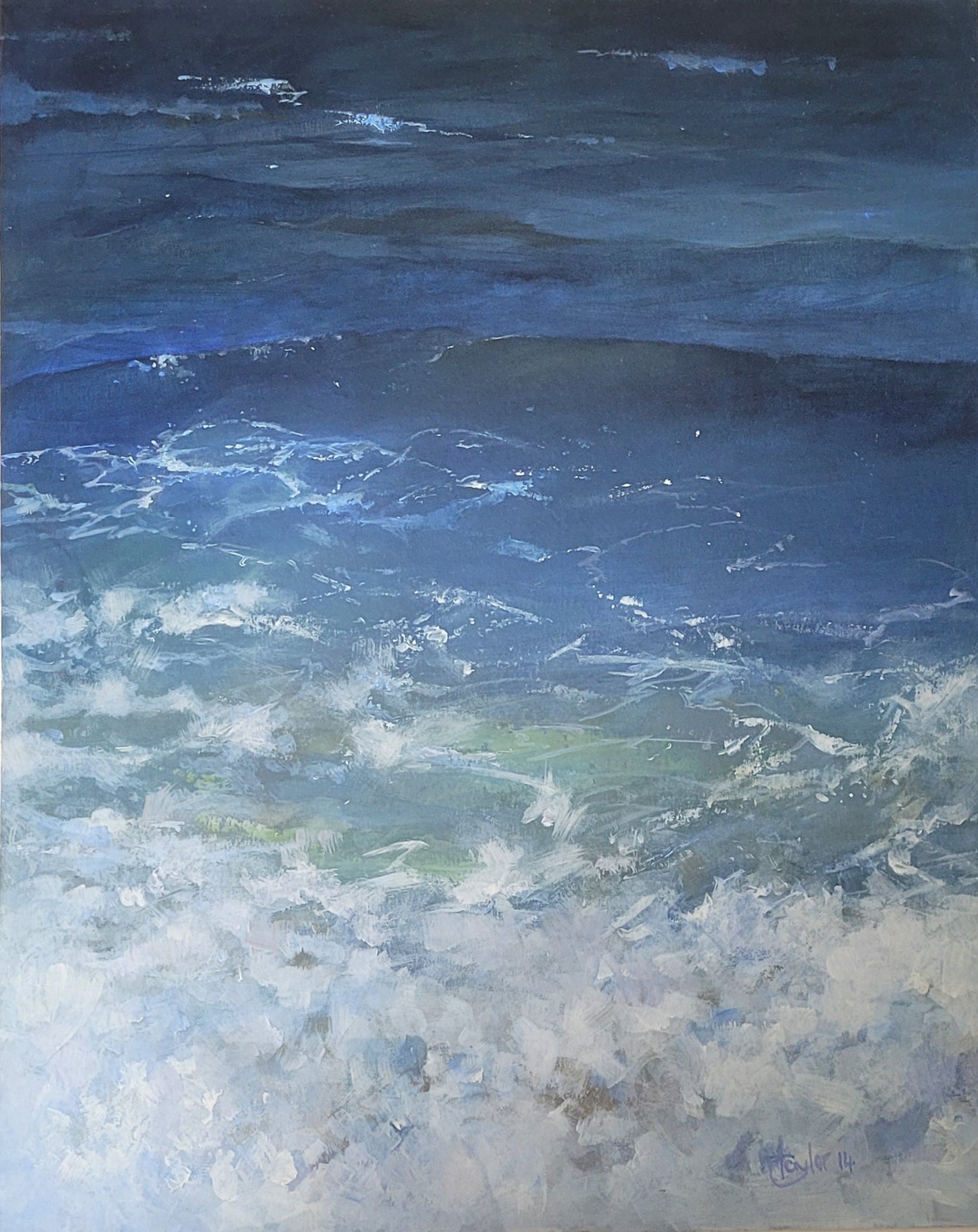 Oil painting of turbulent ocean waves with a focus on texture and movement.