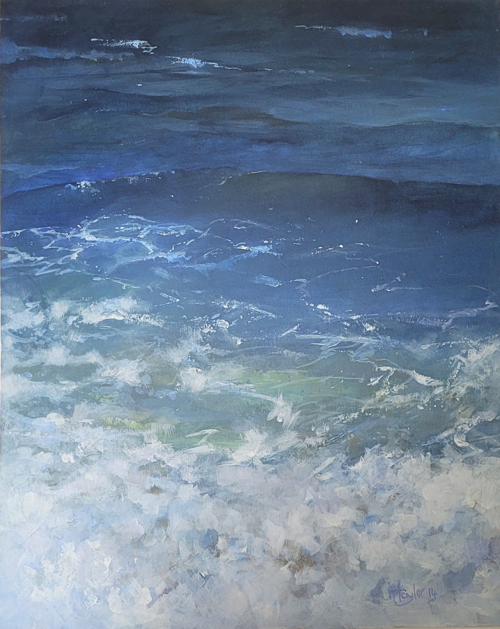 Oil painting of turbulent ocean waves with a focus on texture and movement.