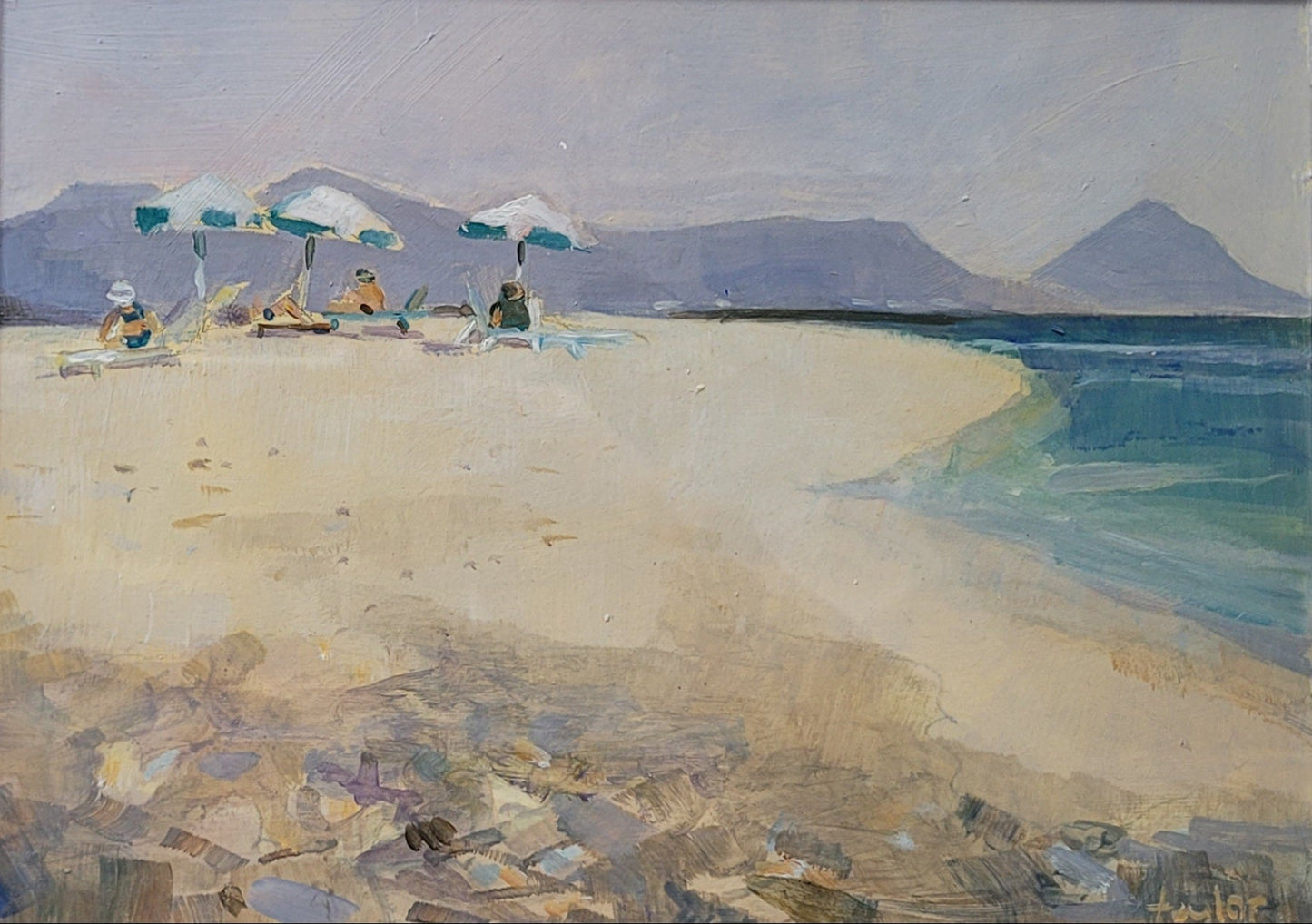 Painting of a beach scene with people under umbrellas and mountains in the background.