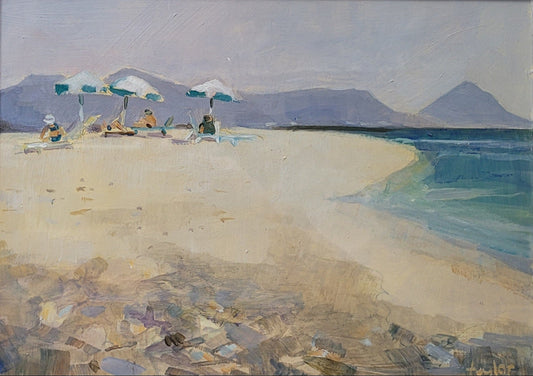 Painting of a beach scene with people under umbrellas and mountains in the background.