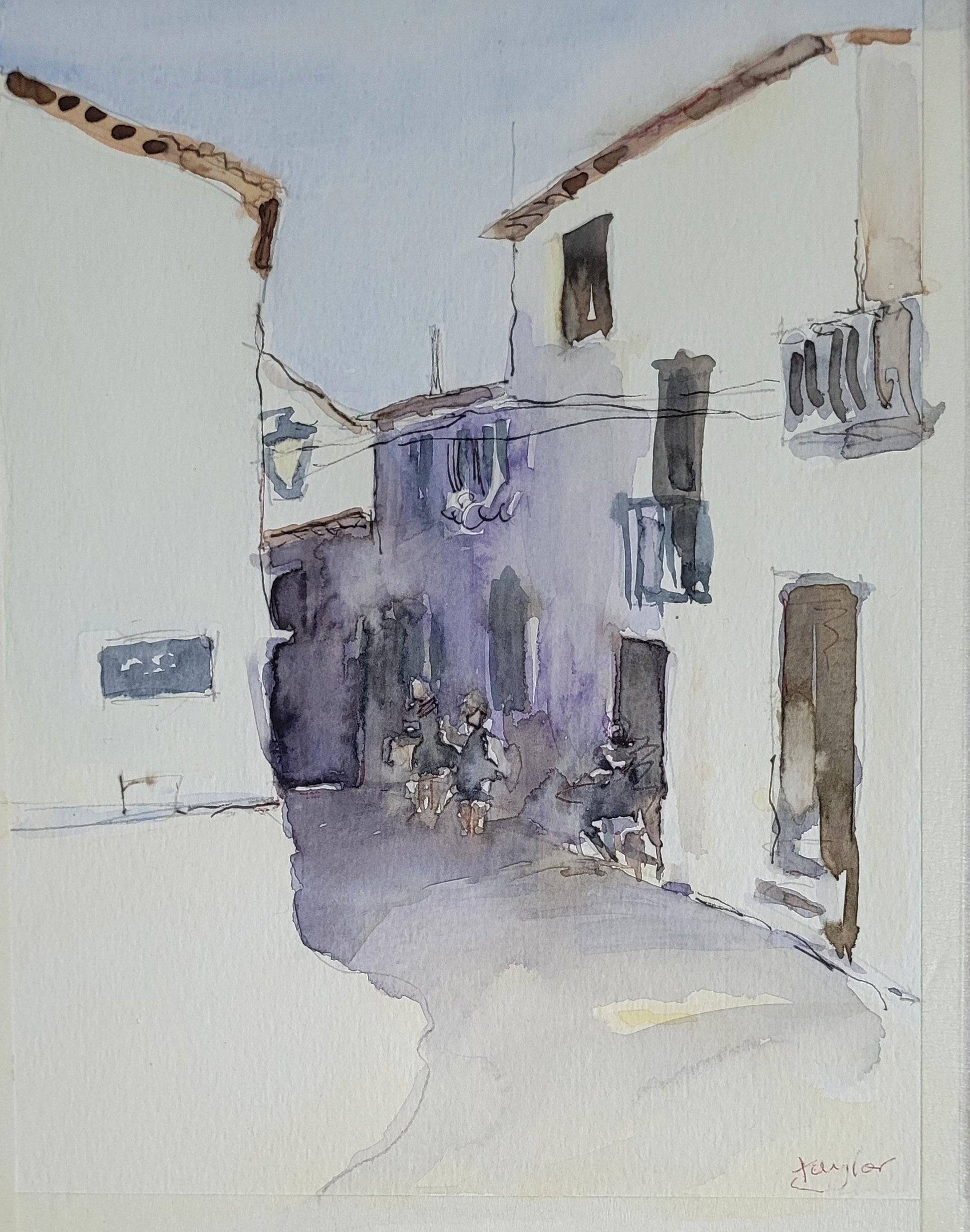 Watercolor painting of a street scene with buildings and people
