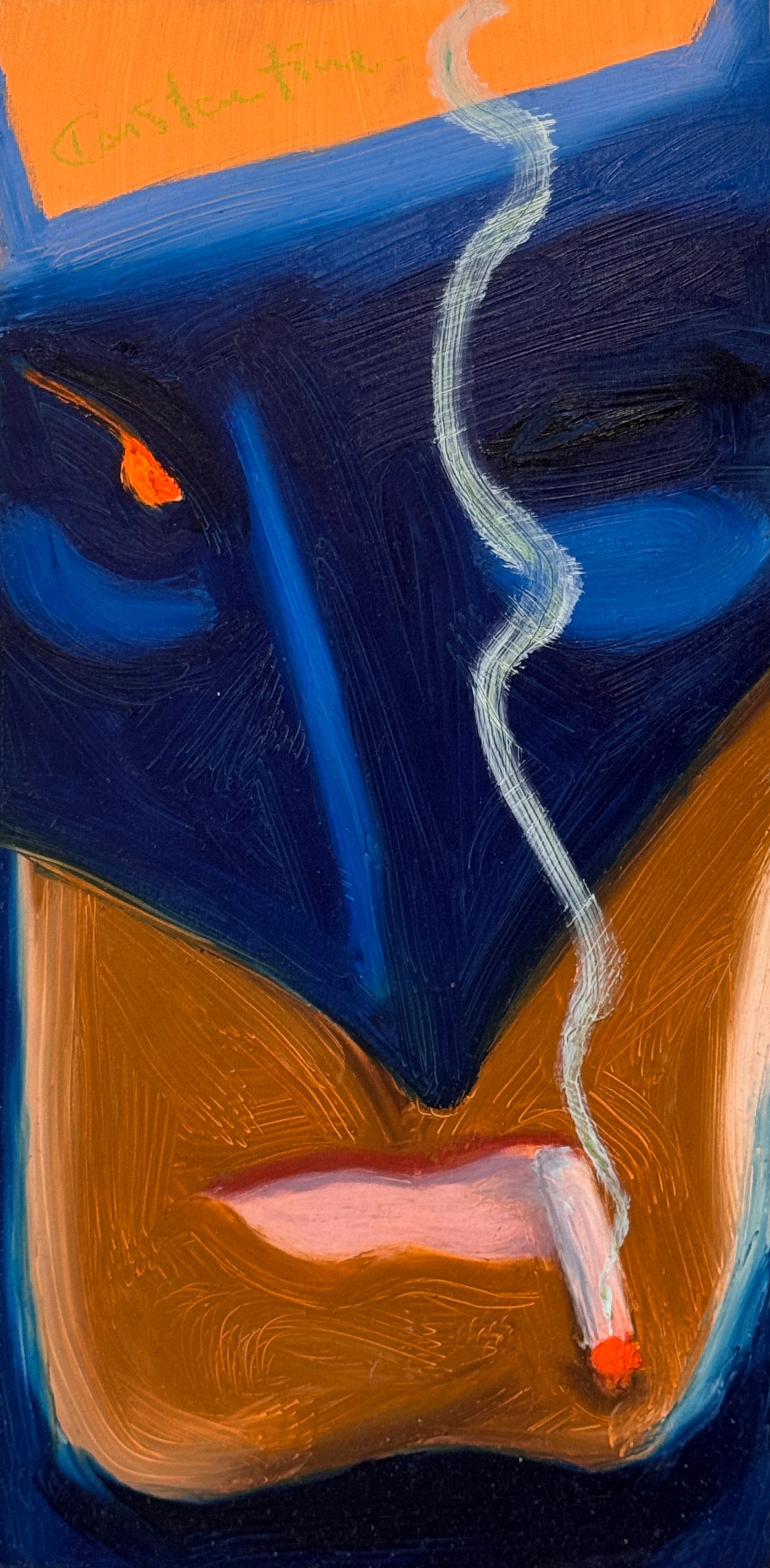 An abstract rectangular painting mounted on a textured off-white wall. The artwork features bold blocks of deep blue, warm brown, orange, and pale pink, separated by a wavy white line and small bright orange accents.