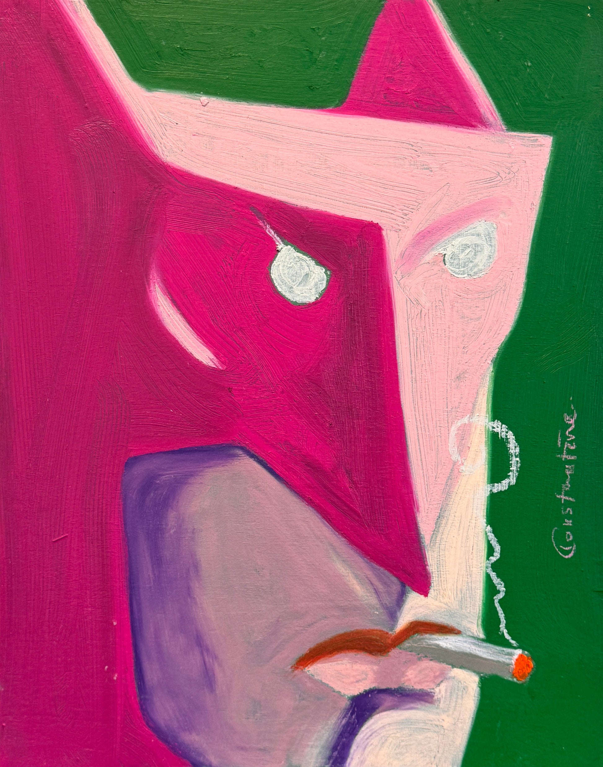 An abstract painting on a square canvas, featuring bold blocks of magenta pink, green, purple, and white, with a small orange and brown cigarette detail. The painting is photographed hanging against a textured wall with a white and dark green vertical split.