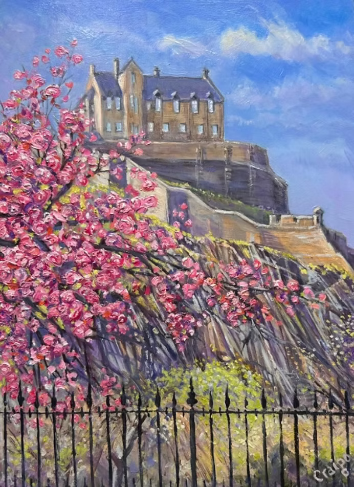 Painting of Edinburgh castle with pink blossoms and a clear blue sky.
