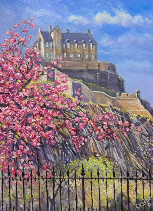 Painting of Edinburgh castle with pink blossoms and a clear blue sky.
