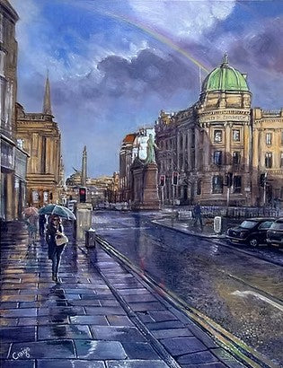 City street scene with a person holding an umbrella, rainbow, and classical architecture.