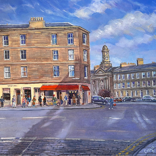Painting of a city street with people, cars, and buildings under a blue sky.