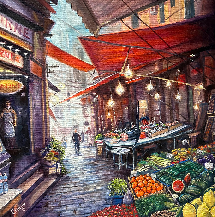 Colorful street market scene with vendors and produce under a red awning.