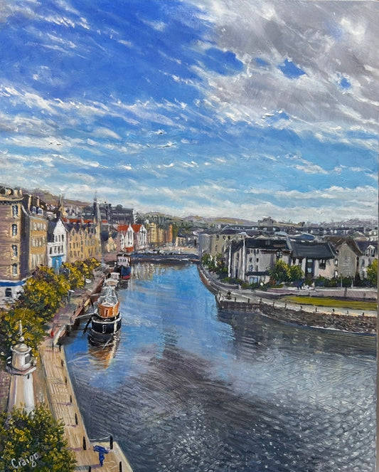 a painting of Leith Shore with a blue sky with some clouds, a canal with a boat on it, and some buildings with trees.