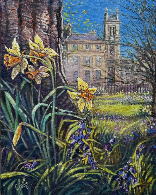 Painting of flowers in a garden with a building in the background