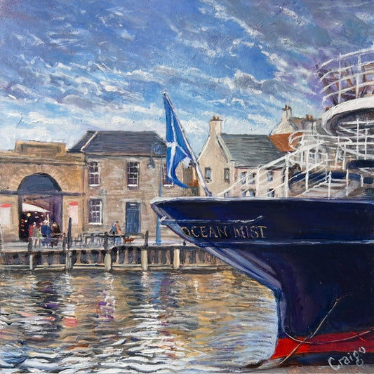 a painting of a blue boat called Ocean Mist, with buildings and a cloudy sky.