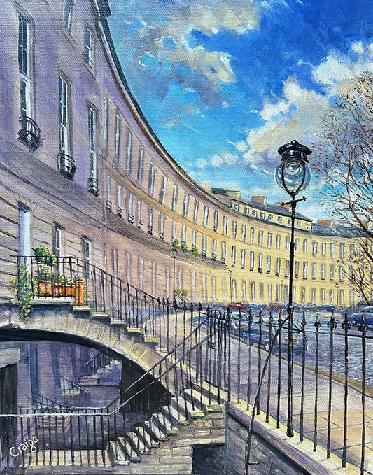 Painting of a canal scene with buildings, steps, and a lamp post.