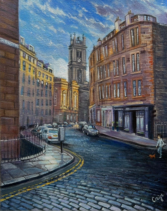 Painting of an Edinburgh city street with buildings and a clock tower.