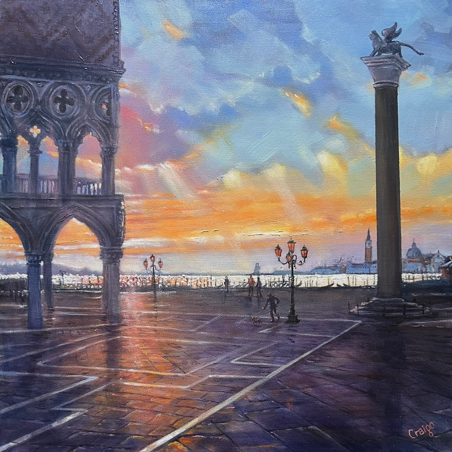 a painting of Venice with a colourful sky and a building