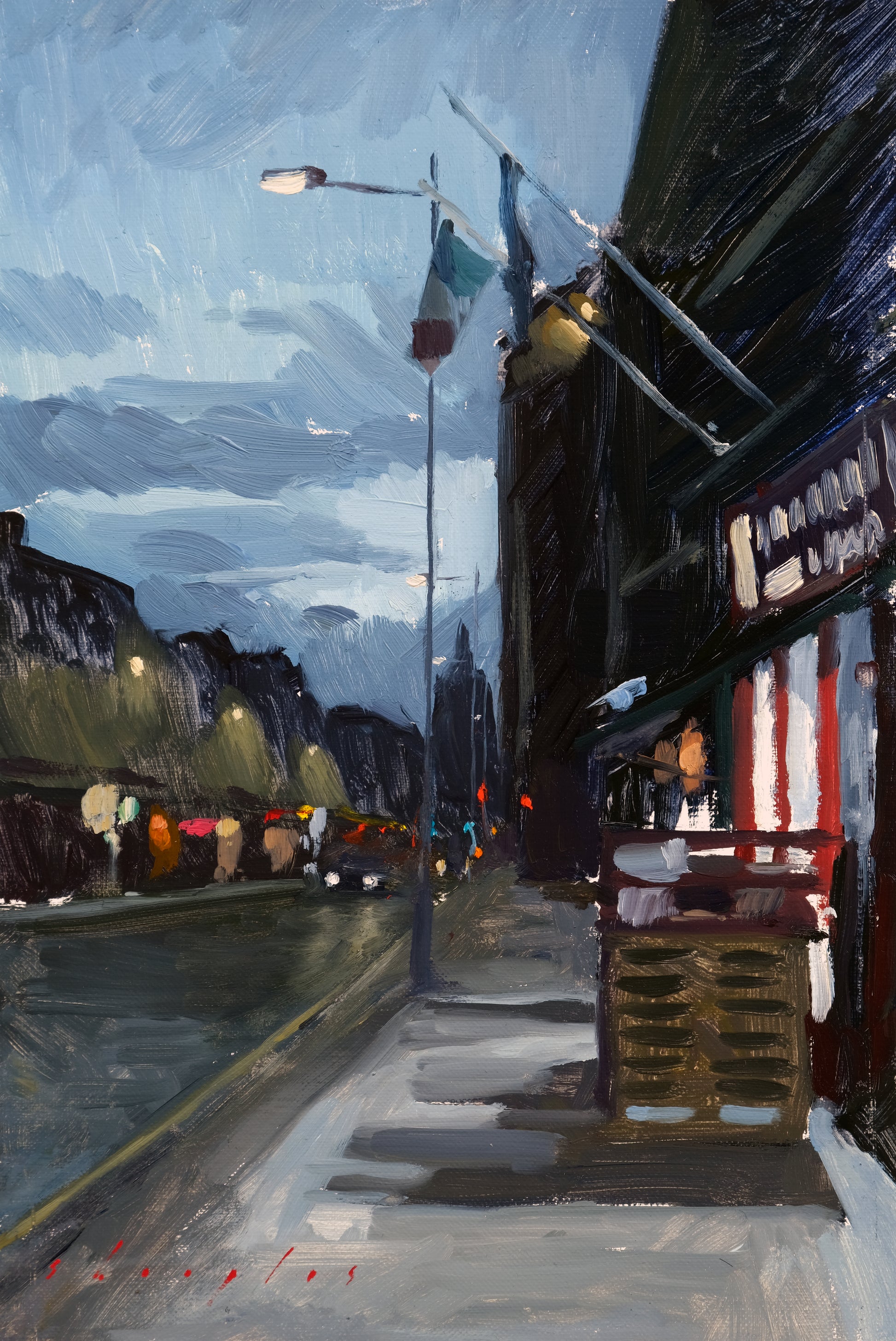 Painting of a city street at night with people and streetlights.