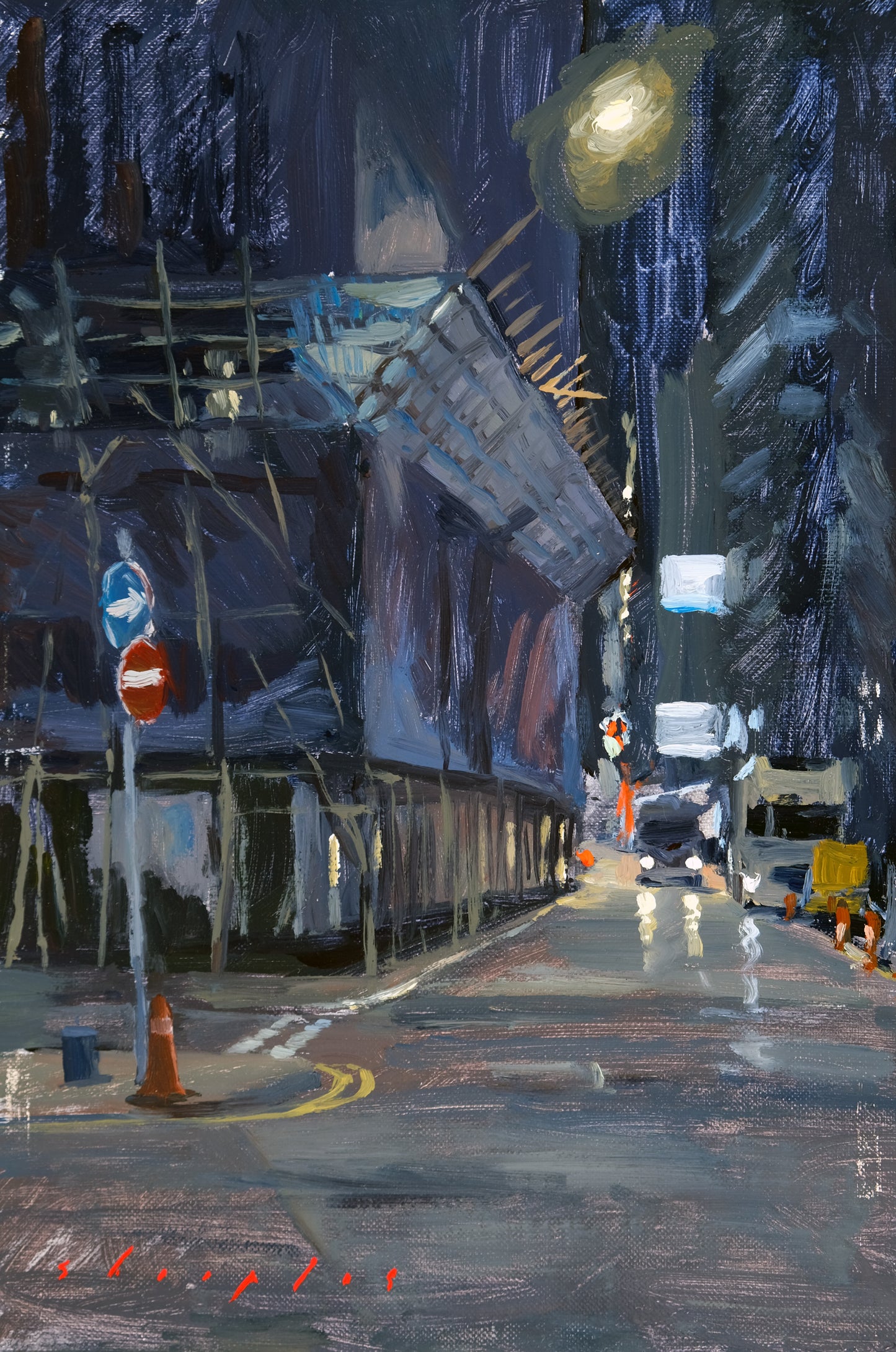 Painting of a city street at night with buildings, streetlights, and traffic cones.