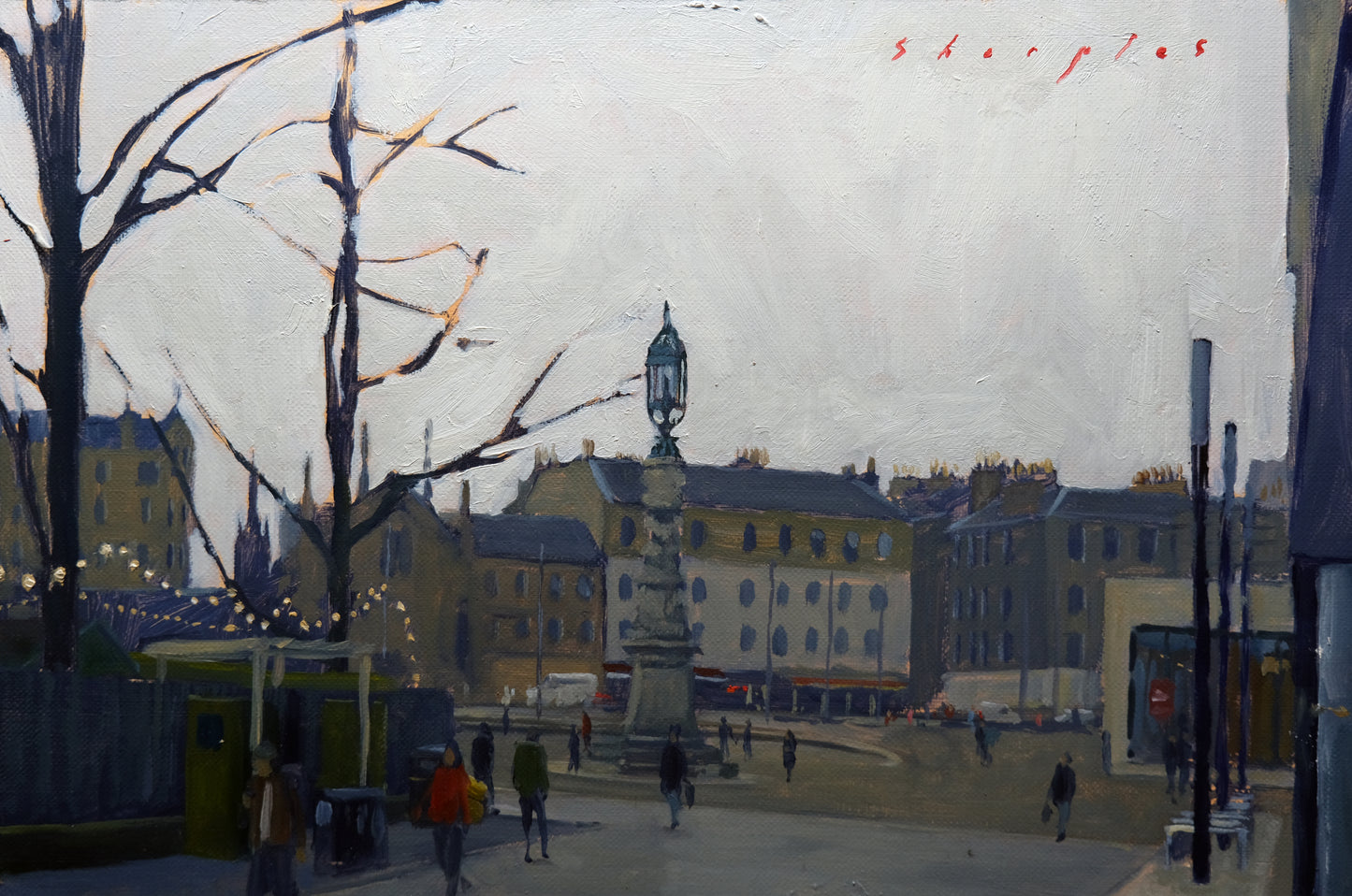 City street scene with a central lamp post and people walking, featuring the artist's signature 'Sharpe' at the top.