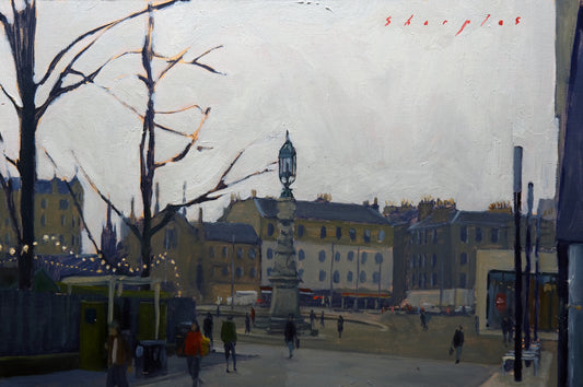 City street scene with a central lamp post and people walking, featuring the artist's signature 'Sharpe' at the top.