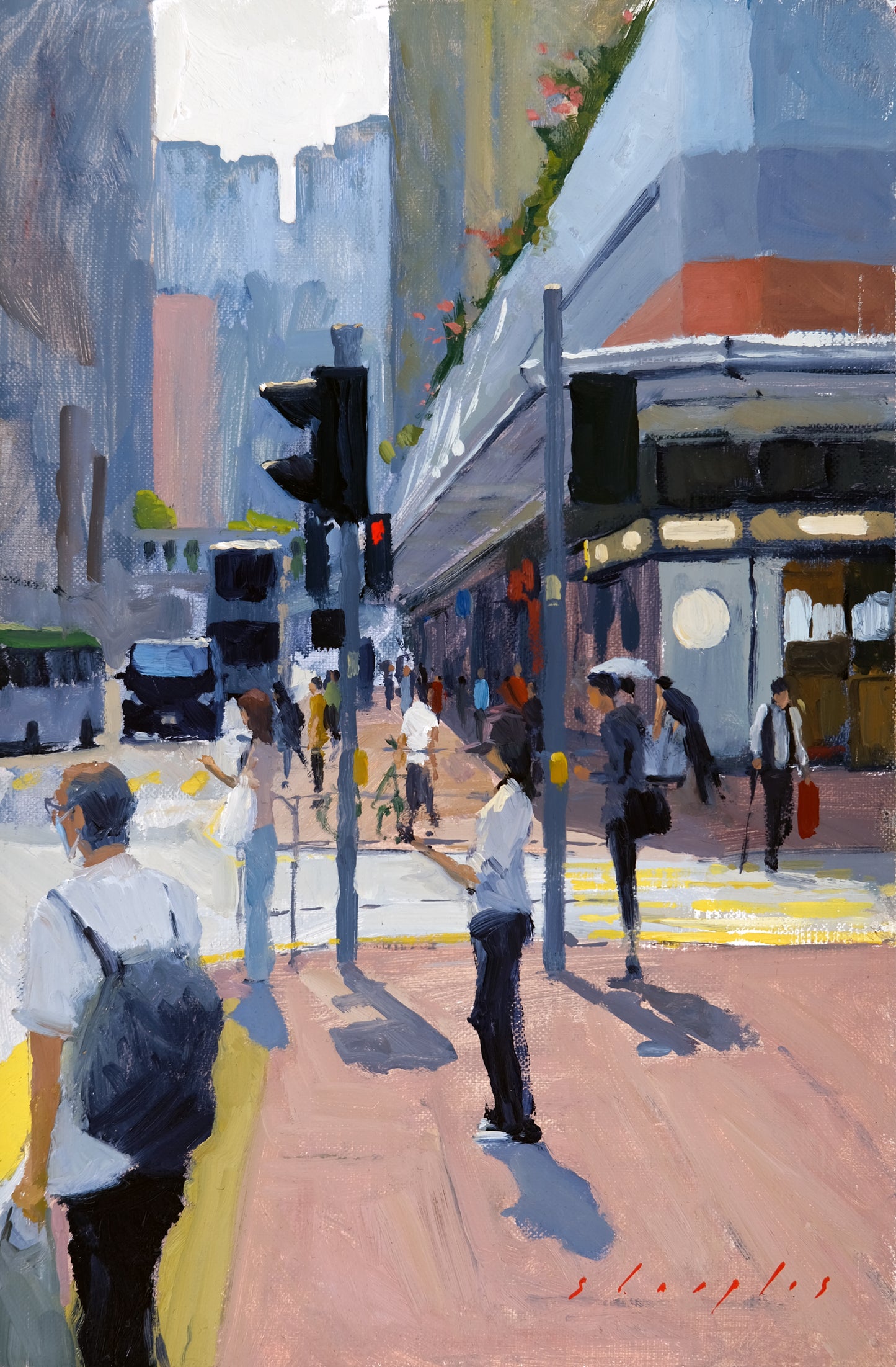 Painting of a city street with pedestrians and traffic lights.