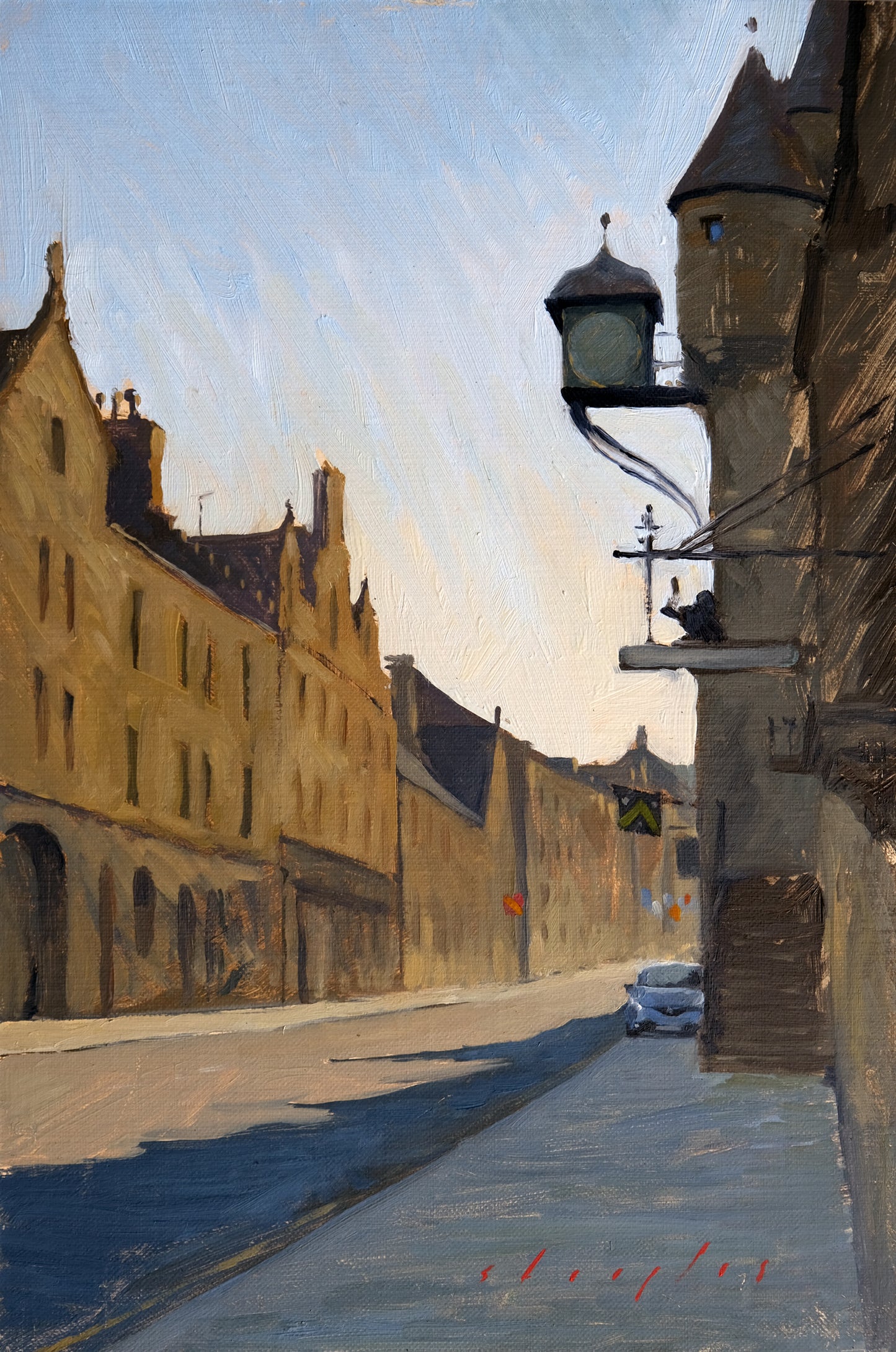 Painting of a street scene with buildings and a car in the sunlight.