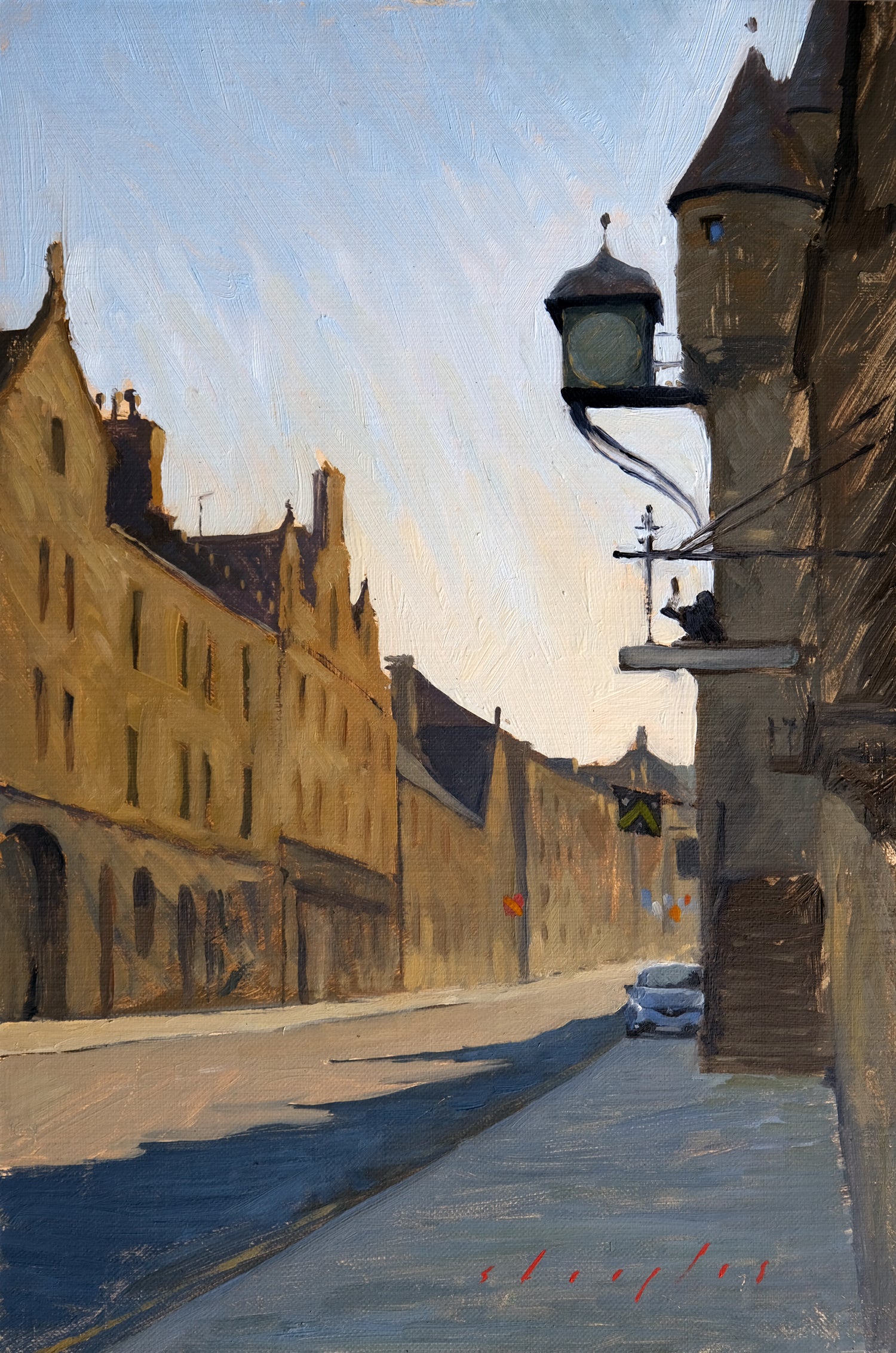 Painting of a street scene with buildings and a car in the sunlight.