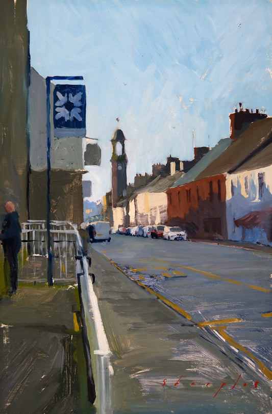 Painting of a street scene with buildings, cars, and a clock tower.
