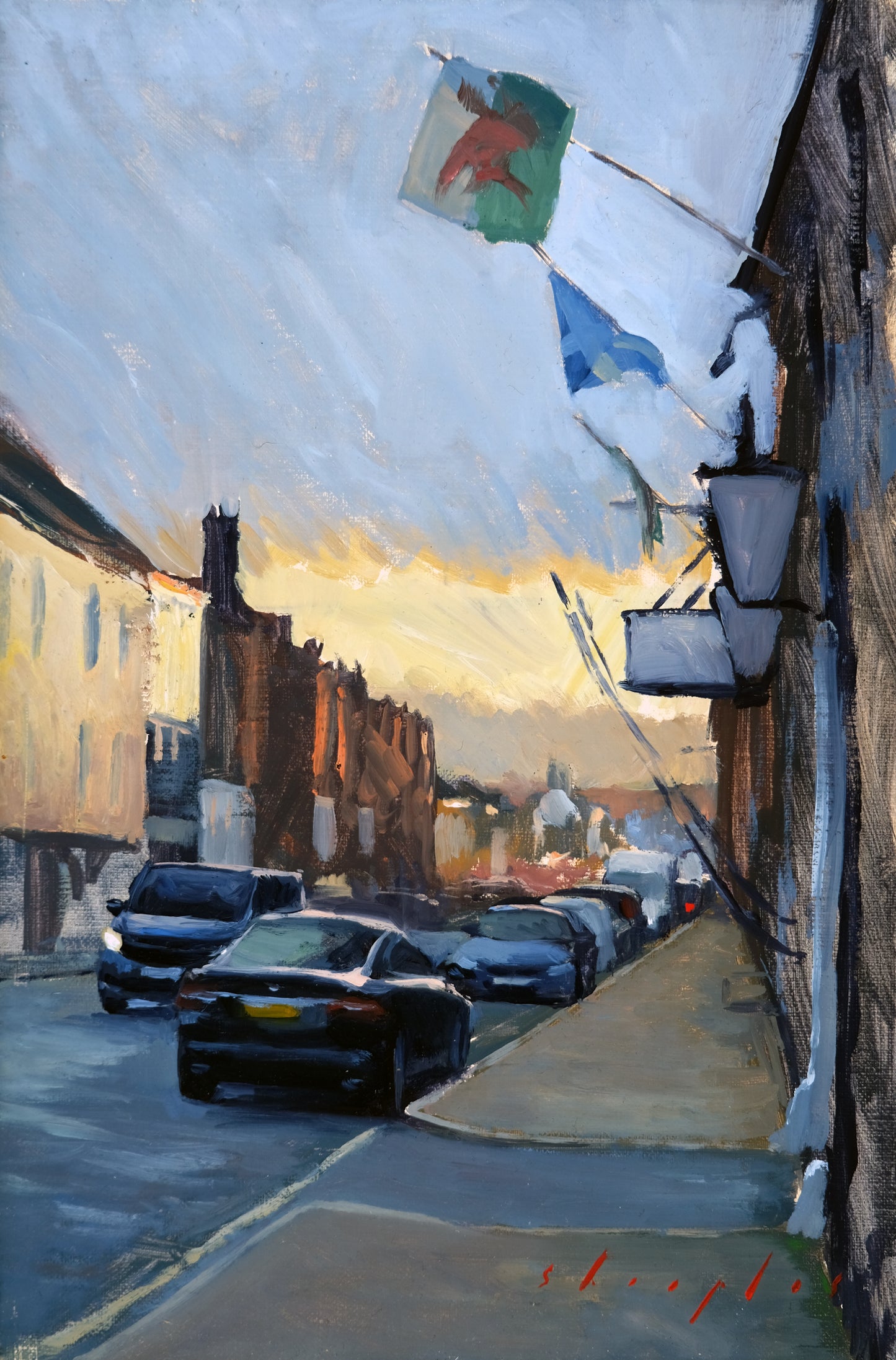 Painting of a street scene with cars and buildings at sunset.