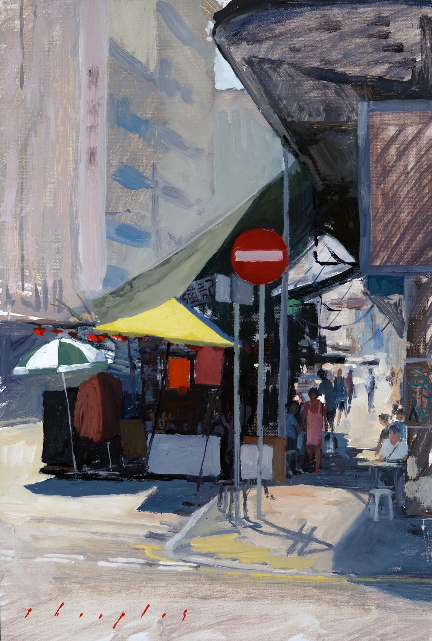 Painting of a street scene with people, umbrellas, and a stop sign.