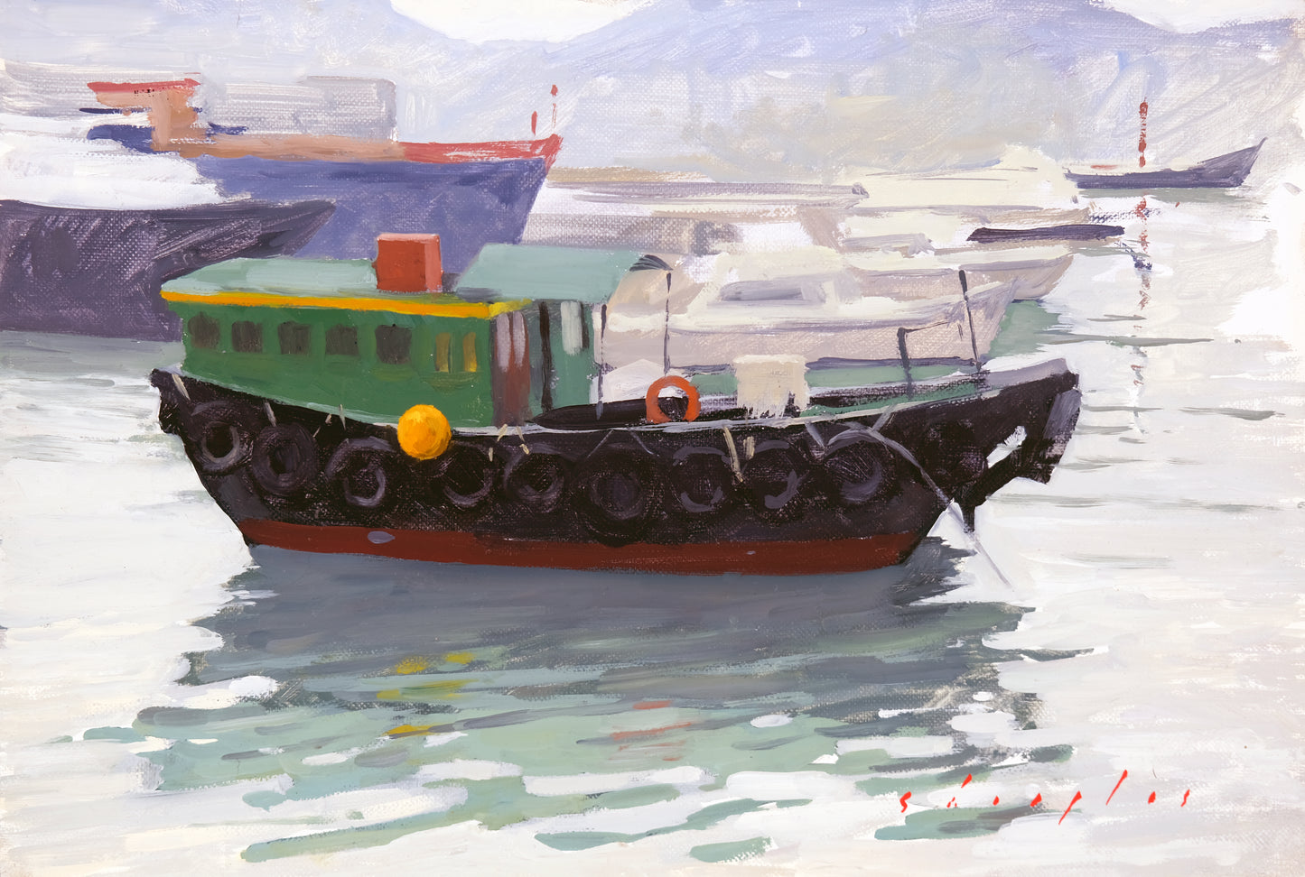 Painting of a boat on water with mountains in the background