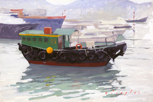 Painting of a boat on water with mountains in the background
