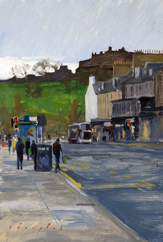 Painting of a city street with people, traffic lights, and buildings.