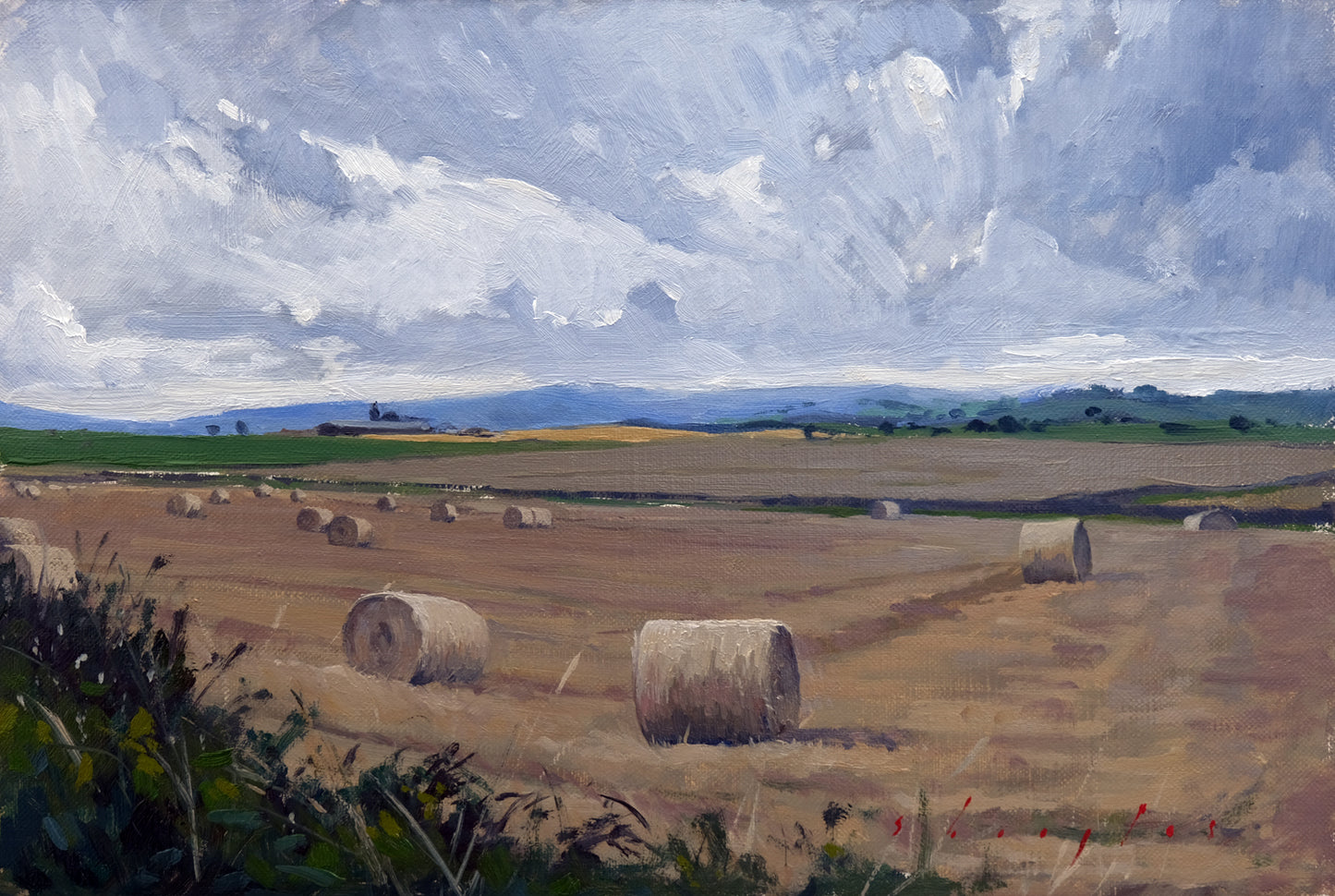 Painting of a rural landscape with hay bales and a cloudy sky.