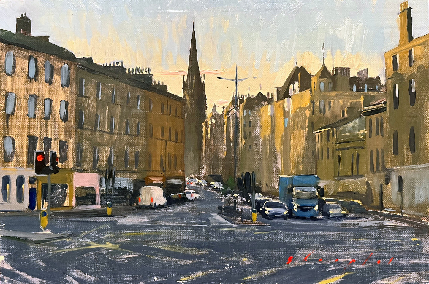 Painting of a city street with buildings, traffic lights, and vehicles.