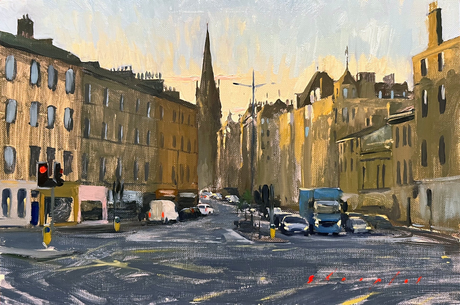Painting of a city street with buildings, traffic lights, and vehicles.