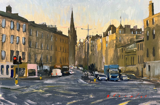 Painting of a city street with buildings, traffic lights, and vehicles.