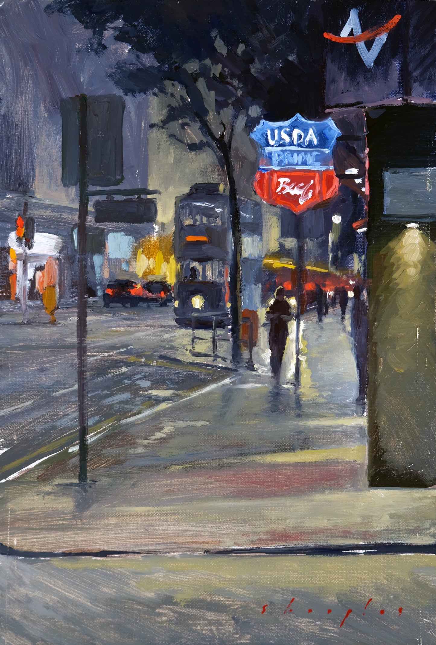 Painting of a city street with a prominent USDA logo.
