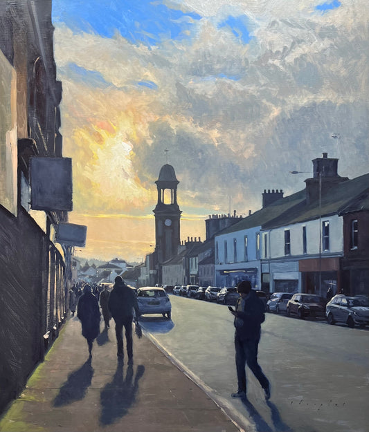 Painting of a town street with people walking and a clock tower in the background.