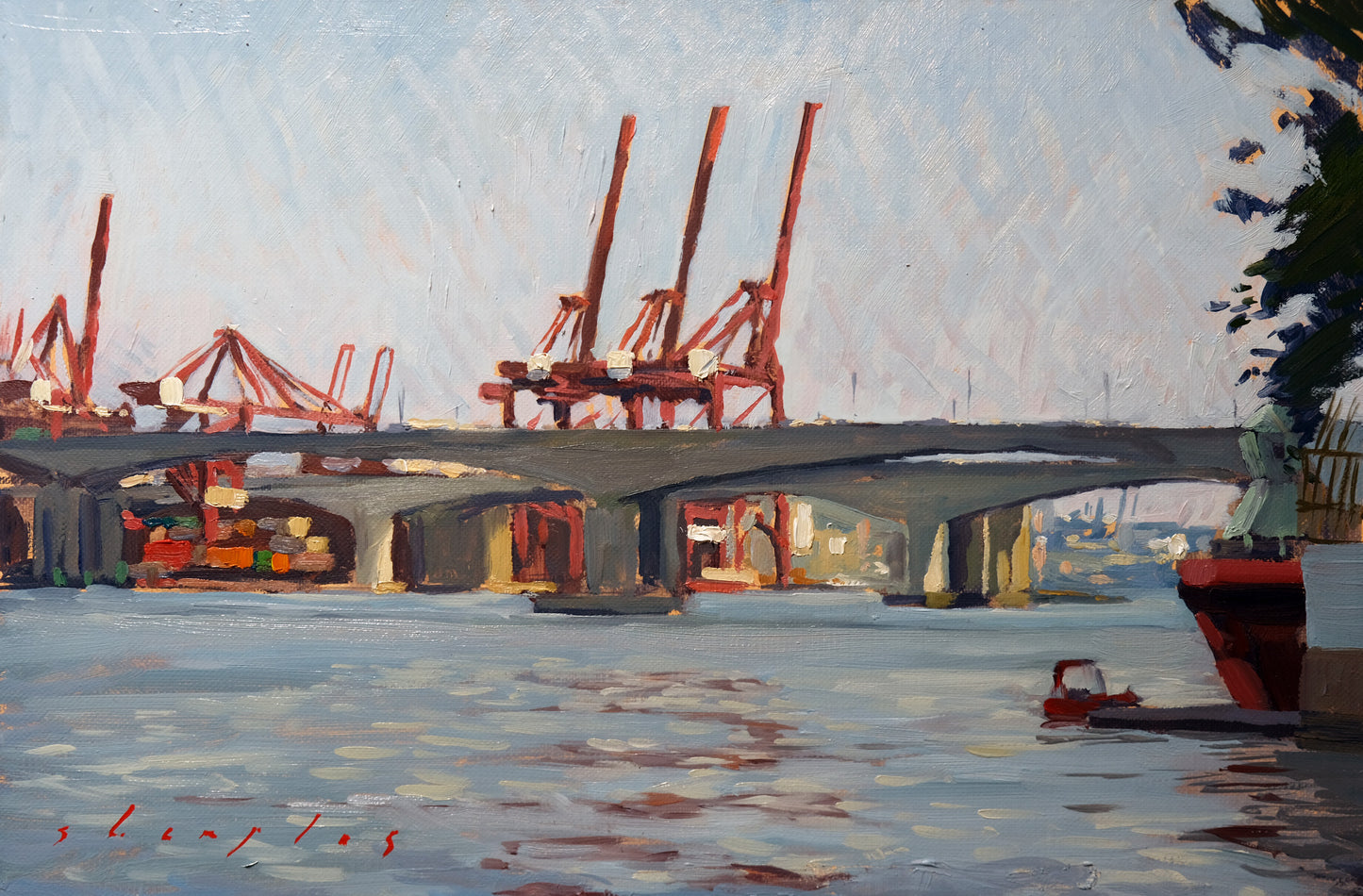 Painting of a bridge over water with cranes in the background