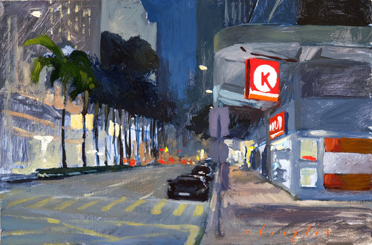 Painting of a city street at night with a bus and pedestrians.