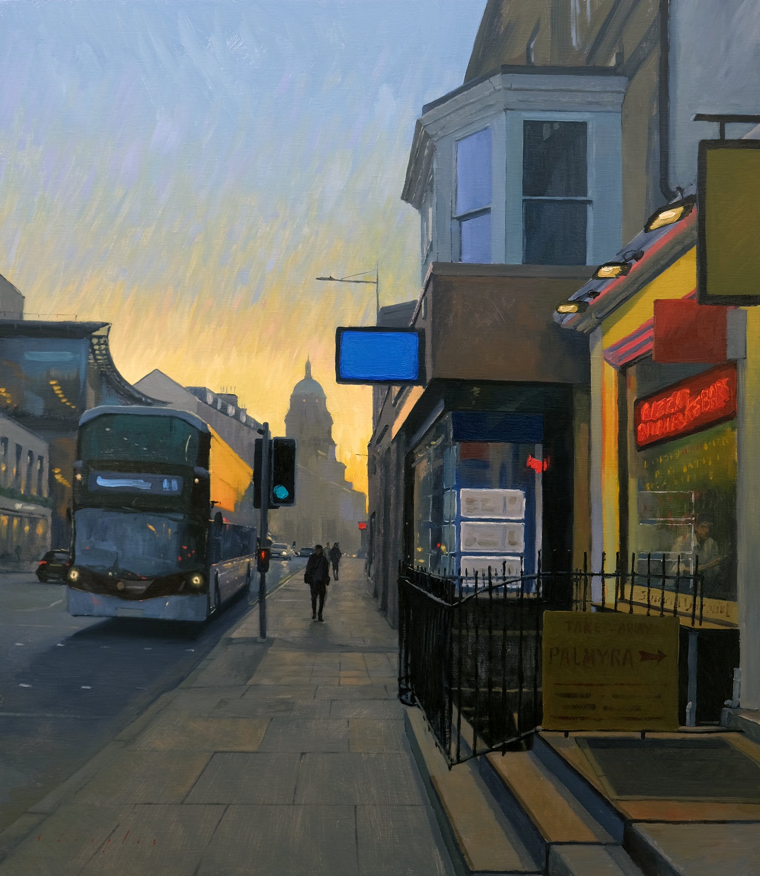 City street scene with a double-decker bus, pedestrians, and storefronts during sunset.