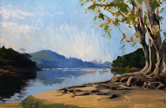 Painting of a landscape with a tree by a lake and mountains in the background.