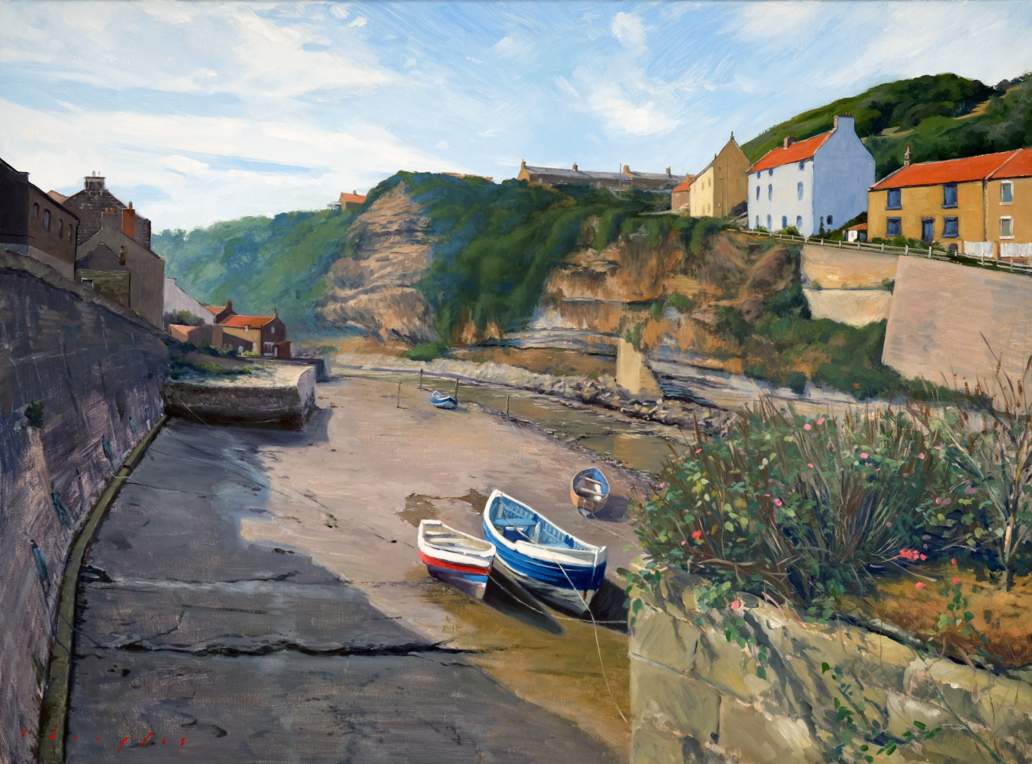 Coastal scene with boats on a beach and houses on a hillside.
