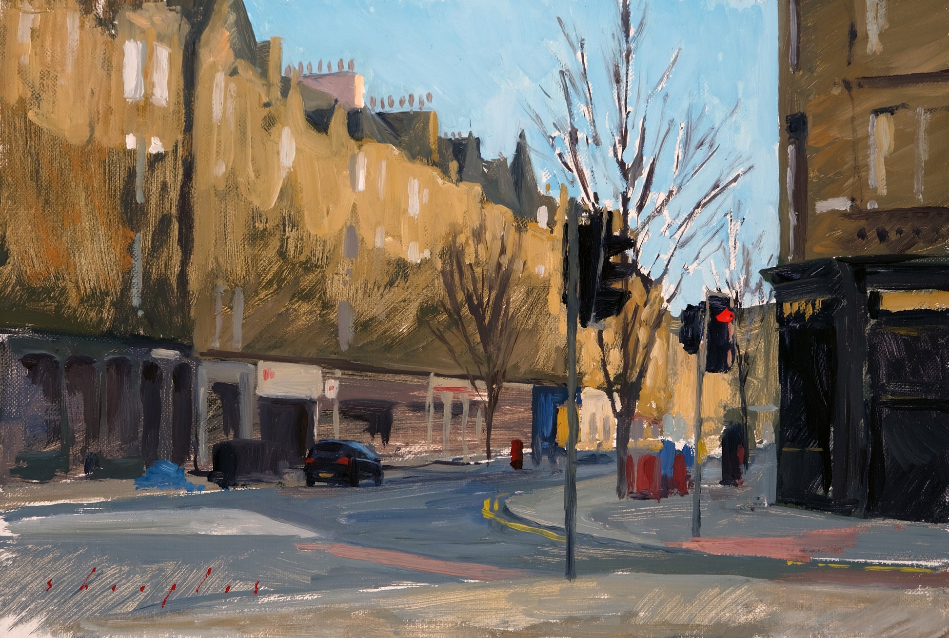 Painting of a city street with buildings, traffic lights, and a car.