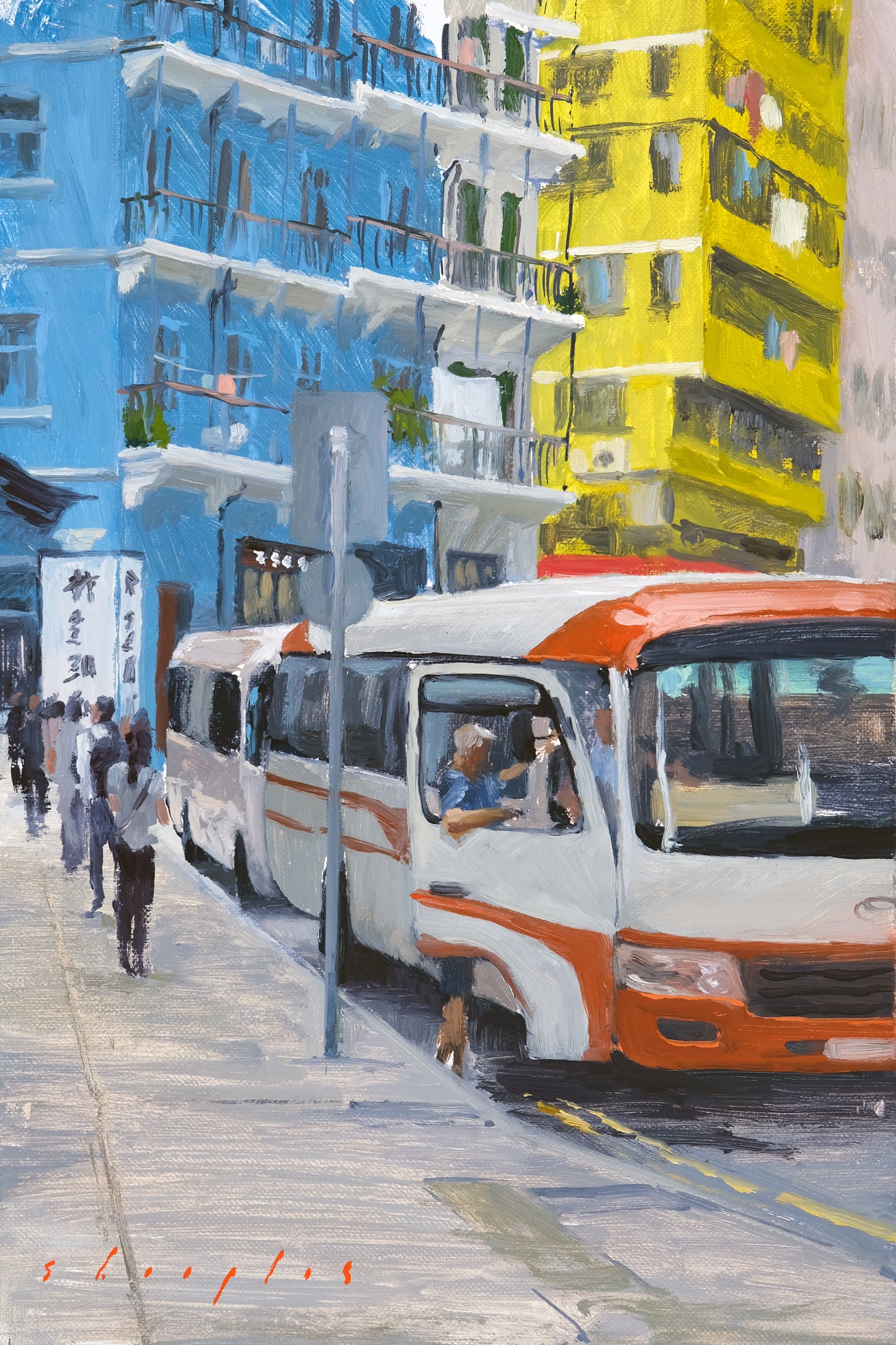 City street scene with a bus and people on a sidewalk, colorful buildings in the background