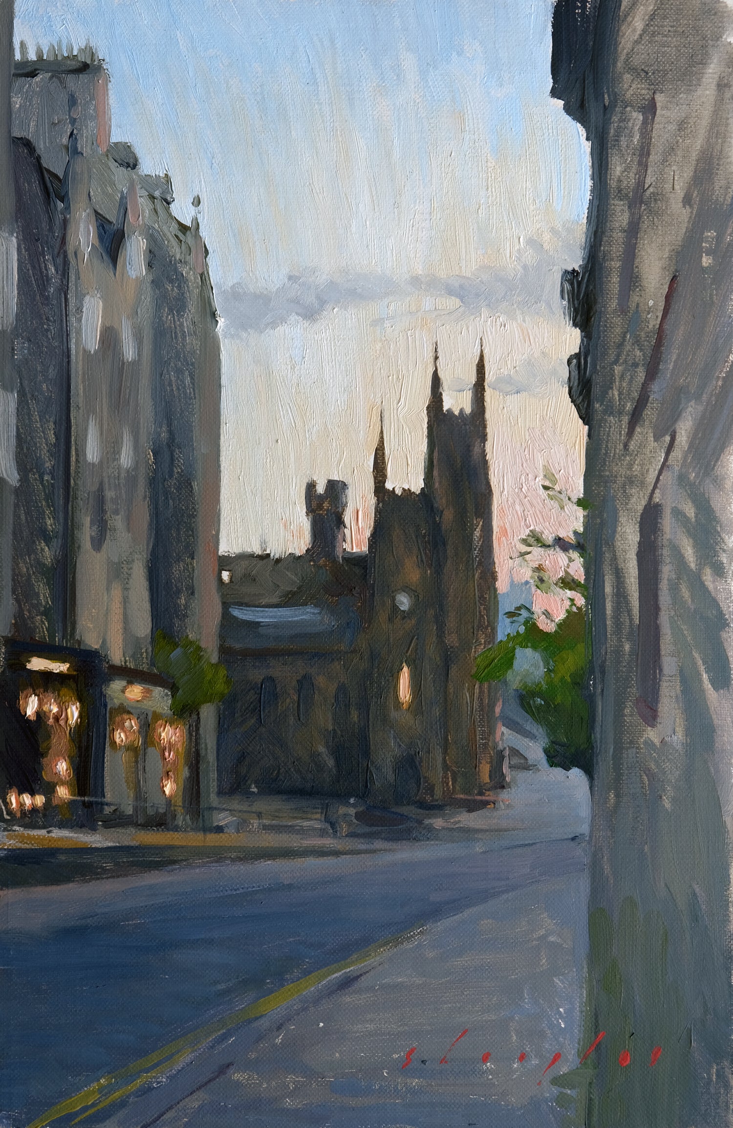Painting of a city street with a prominent church spire.