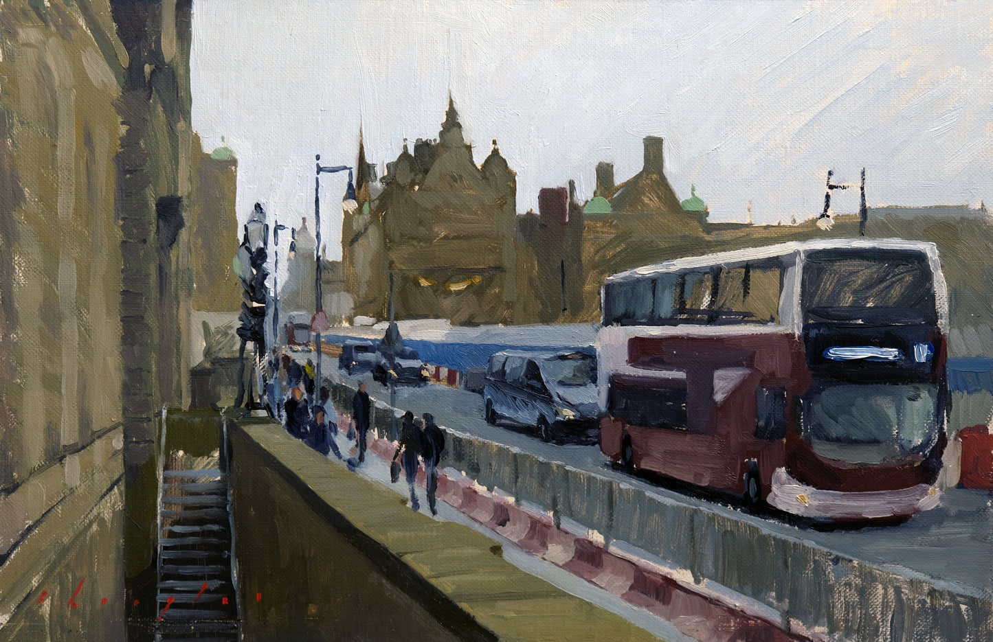 Painting of a city street with a double-decker bus and cars.