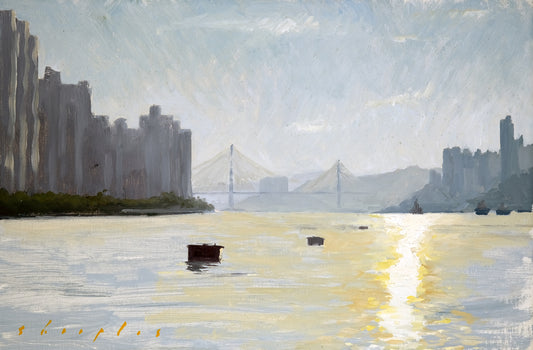 Cityscape with a bridge and buildings reflected in water, with a warm glow